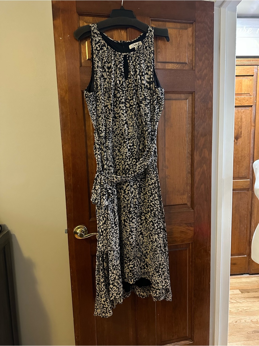 Chetta B Black and Beige Printed Belted Midi Dress